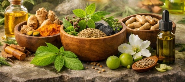 Natural Ayurvedic herbs and ingredients used in Shreedha Naturals wellness formulations